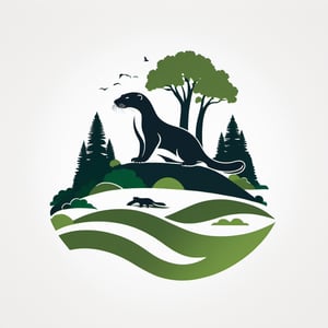 Create a minimalist and simple negative space logo of a otter in a park. Use clean lines to depict the silhouette of a otter with a subtle play of positive and negative spaces to enhance depth. Incorporate minimalistic foliage to highlight the prehistoric atmosphere. Capture the essence of Jurassic park with monochromatic tones, conveying a sense of mystery and awe, typography, conceptual art, illustration