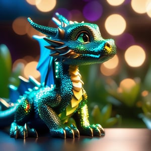 [Foreground: Baby Dragon; Texture: Arsenic Crystals; Insanely detailed, photorealistic, Shot on a Sony A7RIII] + [Background: Museum; Dynamic Light, 3D Render] [Ambient: Bokeh lights, sparkles], photo