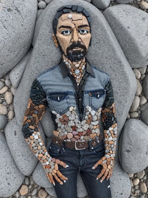 rock art, rock, stone portrait of dehim jeans  made out of rocks, High detail, rock,
