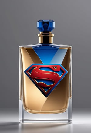Create an image of a perfume bottle that pays homage to Superman's role as a leader of the Justice Leage, with a subtle yet unmistakable logo, reflecting unity and strength.