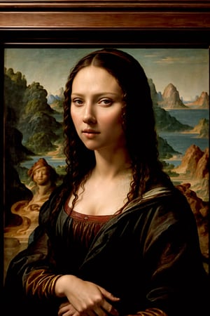 Mona Lisa, in Scarlett Johansson style, huge chest, designed by Jim Lee, 4k , cinematic,1 girl,sks woman