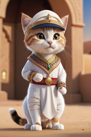 a cute cat is an arab with his traditional dress , wearing uniform, cap, detailed fur, 8k resolution, masterpiece, very realistic, 8k resolution, masterpiece, very realistic, detailed background, depth of field, ,3d style