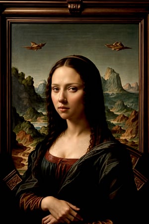 Mona Lisa, in Scarlett Johansson style, huge chest, designed by Jim Lee, 4k , cinematic,1 girl,sks woman