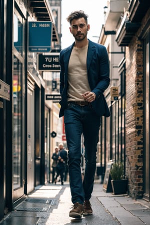 Man ((28 yr old)) walking in Street of London in 1853, looking at camera directly, fully_dressed,high_res,extremely detailed, 4k, cinematic envirement, hyper-realistic illustration, vivid colors, UHD, cinematic perfect light,greg rutkowski