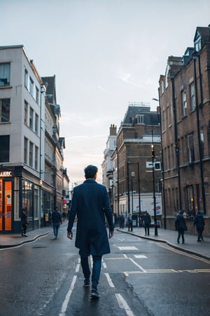 indian man walking in Street of London in 1853, fully_dressed,high_res,extremely detailed, 4k, cinematic envirement, hyper-realistic illustration, vivid colors, UHD, cinematic perfect light,greg rutkowski