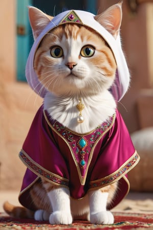 a cute cat is an arabian dress ,detailed fur, 8k resolution, masterpiece, very realistic, 8k resolution, masterpiece, very realistic, detailed background, depth of field, ,3d style