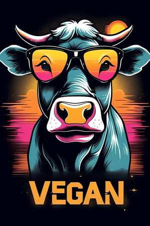 Vector t-shirt design Vintage retro sunset distressed black style design, a cute cow wearing sunglasses, with text “be vegan”, typography, graffiti, 3d render, 4k, CYBERPUNK, 