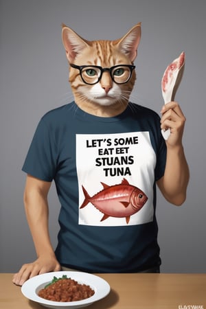 Cat with a Klaus Schwab motive shirt  and holding a sign "Let's eat Some Tunas"