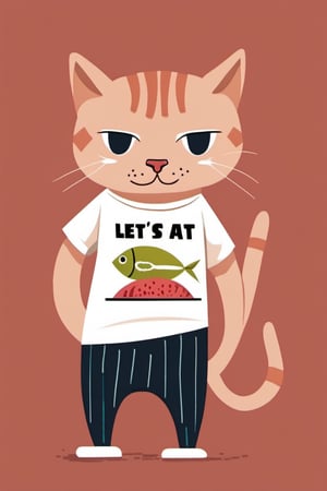 Cat with a Klaus Schwab motive shirt  and holding a sign "Let's eat Some Tunas",Flat Design