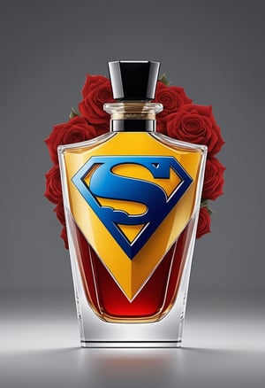 Create an image of a perfume bottle that pays homage to Superman's role as a leader of the Justice Leage, with a subtle yet unmistakable logo, reflecting unity and strength.