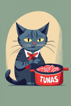 Cat with a Klaus Schwab motive shirt  and holding a sign "Let's eat Some Tunas",Flat Design