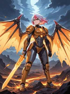 Highly detailed, dramatic digital illustration in a comic book style. The layout features a central figure, a woman with short, light-colored hair, wearing a futuristic, armored suit. She has a determined expression on her face. Her skin is light, and she is depicted with strong, confident posture. The most striking feature is the large, fiery orange wings extending from her back, contrasting sharply against the dark, stormy background. She holds a glowing, orange sword in her right hand, which matches the color of her wings. The background includes rugged, rocky terrain and a sky filled with dark clouds and orange embers, enhancing the intense, apocalyptic atmosphere of the scene.