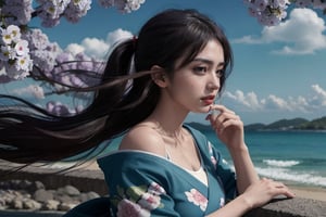 Japanese woman in her 20s wearing a kimono, hair blowing in the wind at the sea, shoulders exposed from the kimono, up hair, above the knees, hands raised, armpits, beautiful legs (slender), beautiful face, portrait, light background Blur, blur, long hair, masterpiece, accurate, correct anatomy, skin texture, front light, reflector, f/1.8, 24mm, Nikon D850, Regina Display, super detail, high detail, high quality, top quality, high resolution , UHD, 1080P, HD, 4K, 8K, basic background