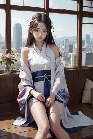 Beautiful girl, petite girl, young, Japanese, (beautiful stand-up hair), raw photo, highest quality, masterpiece, (actual size: 1.6), "thin transparent white kimono", (exposed below the knee) (shoulder out) Ultra-resolution, soft light, 80mm, f22. Plateau, Art Station Pixel is trending with its evocative storytelling, high detail, aesthetic appeal, and intricate detail. ,tadai_mahiro