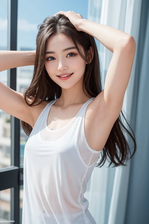 Masterpiece, highest quality, real, raw photo, 1 girl, long hair, blue eyes, medium chest, bright smile, fine skin, pores, modest, armpits, see-through tank top, hands up,