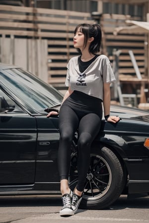 korea girl 22 year old, 53kg body weight, black sleek pixie hair style, ((((wearing black t-shirt, black tight leggings)))), soft lighting realistic shadow, hi-top converse shoes, ((((real skins, real human)))), photo taken at 4pm