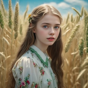 masterpiece, best quality, photorealistic, raw photo, one 17 years  old Irish girl,  without makeup glowing skin, long hair, thin lips , straight noise, very pretty attractive face and figure, beautiful crystal clear white eyes, beautiful hair, floral collared blouse, detailed white skin, pore, depth of   green wheat , some flower wide   field, vibrant, ultra HD realistic image