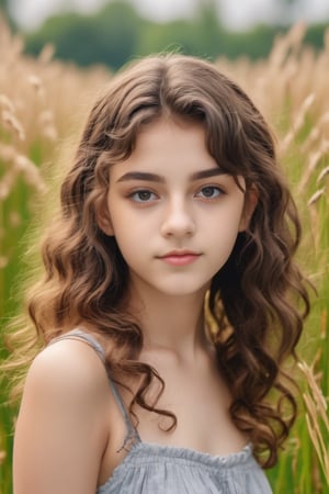 A closeup microphotography of A 21 year old teen, innocent face, beautiful innocent eye, Little bit curly hair, very attractive face , very charming, long wild  grassfield background, super clear image , Sony Alpha lens,