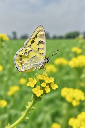 A closeup microphotography of A butterfly, mustard field background, super clear image , Sony Alpha lens,