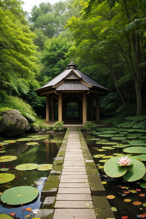 
, pavilion, lotus, pond, lotus leaves, fish, the pavilion has a long corridor, grass, rocks, rockery, frogs, the environment is daytime, the perspective is from a distance,