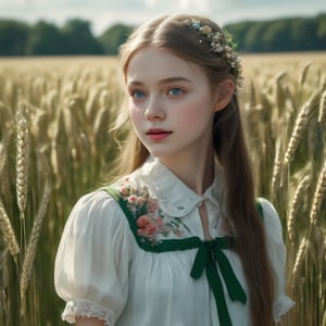 masterpiece, best quality, photorealistic, raw photo, one 17 years  old Irish girl,  without makeup glowing skin, long hair, thin lips , straight noise, very pretty attractive face and figure, beautiful crystal clear white eyes, beautiful hair, floral collared blouse, detailed white skin, pore, depth of   green wheat , some flower wide   field, vibrant, ultra HD realistic image