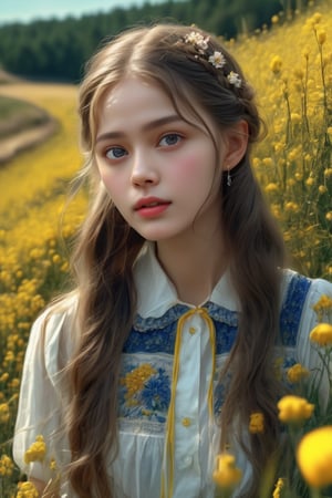 masterpiece, best quality, photorealistic, raw photo, 1 european  old era girl,  without makeup glowing skin, long hair, thin lips , straight noise, very pretty attractive face and figure, beautiful crystal clear white eyes, beautiful hair, floral collared blouse, detailed white skin, pore, depth of  mixed bright yellow flowers field, vibrant, ultra HD realistic image