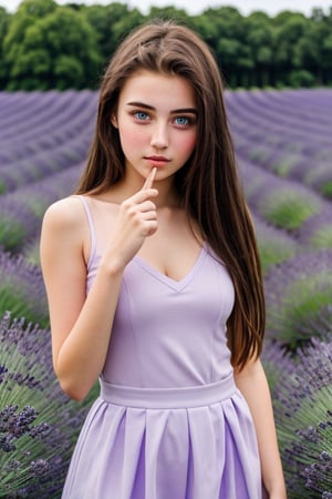 A 18 year old beautiful Attractive face, thin lip, attractive figure , beautiful eye girl posing herself in lavender field , vibrant colours, sharp clean image