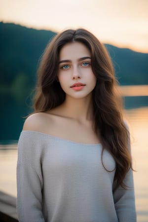 A 21 years old girl Face , in straight noise, big eye , thin lips , long curly hair, blue eyes, innocent,attractive figure, every detail of face , lake background