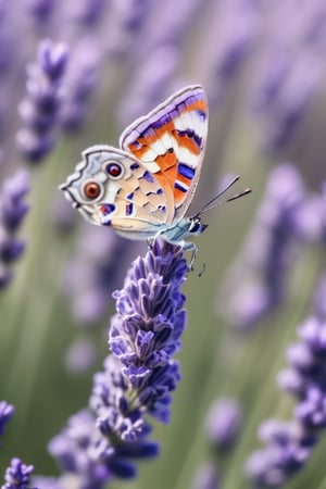 A microphotography of A butterfly, lavender field background, super clear image , Sony Alpha lens,