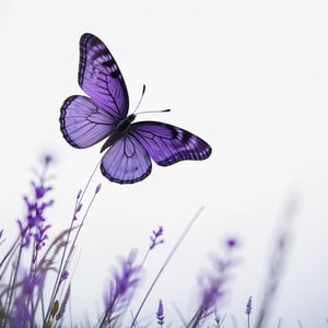 Cinematics ultra white clean background, violet butterfly on sits on wild grass,Leonardo Style,Movie Still,booth,perfecteyes, 