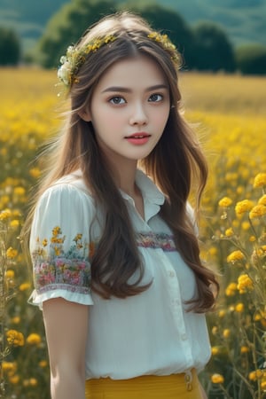 masterpiece, best quality, photorealistic, raw photo, 1 european girl,  without makeup glowing skin, long hair, thin lips , straight noise, very pretty attractive face and figure, beautiful crystal clear white eyes, beautiful hair, floral collared blouse, detailed white skin, pore, depth of  mixed bright yellow flowers field, vibrant, ultra HD realistic image