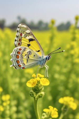 A closeup microphotography of A butterfly, mustard field background, super clear image , Sony Alpha lens,