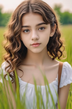 A closeup microphotography of A 21 year old teen, innocent face, beautiful innocent eye, Little bit curly hair, very attractive face , very charming, long wild  grassfield background, super clear image , Sony Alpha lens,