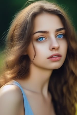 A 21 years old girl Face , in straight noise, big eye , thin lips , long curly hair, blue eyes, attractive figure, every detail of face , country side background