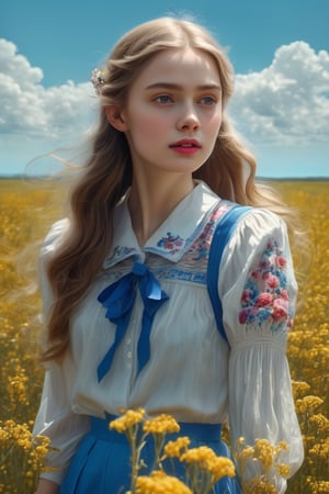 masterpiece, best quality, photorealistic, raw photo, 1 european  old era girl,  without makeup glowing skin, long hair, thin lips , straight noise, very pretty attractive face and figure, beautiful crystal clear white eyes, beautiful hair, floral collared blouse, detailed white skin, pore, depth of  mixed bright sky blue flowers field, vibrant, ultra HD realistic image