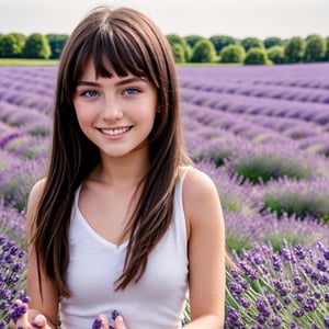 A 18 year old beautiful Attractive face,  little bit smiling, thin lip, attractive figure , beautiful eye girl posing herself in lavender field , vibrant colours, sharp clean image