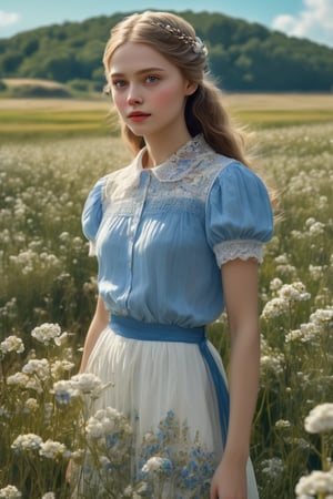 masterpiece, best quality, photorealistic, raw photo, 1 european  old era girl,  without makeup glowing skin, long hair, thin lips , straight noise, very pretty attractive face and figure, beautiful crystal clear white eyes, beautiful hair, floral collared blouse, detailed white skin, pore, depth of  mixed bright sky blue flowers field, vibrant, ultra HD realistic image