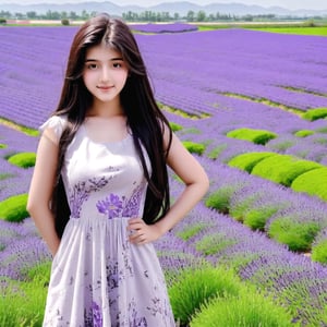 A 18 year old  Pakistani beautiful Attractive face, thin lip, attractive figure , beautiful eye, wearing floral dress, girl posing herself in lavender field , vibrant colours, 