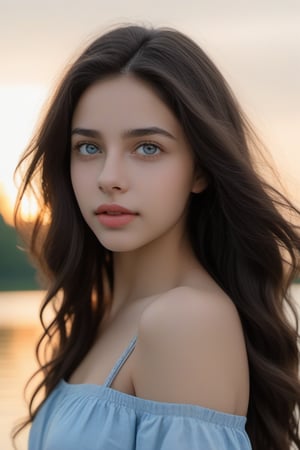 A 21 years old girl Face , in straight noise, big eye , thin lips , long curly hair, blue eyes, innocent,attractive figure, every detail of face , lake background