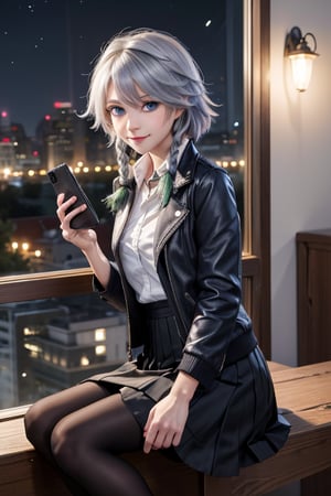 masterpiece, best quality, highres, 1girl, solo, izayoi Sakuya, cute, blue eyes, braid, grey hair, short hair, twin braids, medium breasts, small smile, shirt, black jacket, high boots, skirt, pantyhose, night, holding phone