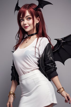 masterpiece, best quality, highres, 1girl, solo, koakuma, weak red eyes, mature, mature girl, milf, medium breasts, long hair, crimson hair, big eyes, wings behind, small wings on head, cute, weak smile, jewelry, choker necklace, bracelet,  white t-shirt, black jacket, short wide skirt,  