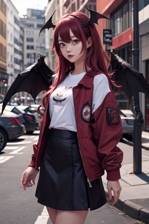 masterpiece, best quality, highres, 1girl, solo, koakuma, amber eyes, mature, mature girl, milf, medium breasts, long hair, crimson hair, big eyes, wings behind, wings on head, t-shirt, jacket, short wide skirt, street, 