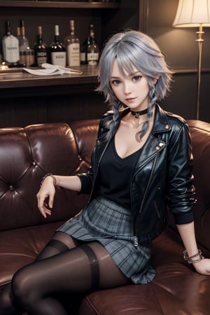 masterpiece, best quality, highres, 1girl, solo, izayoi Sakuya, cute, blue eyes, braid, grey hair, short hair, twin braids, medium breasts, jawerly, choker necklace, bracelet, shirt, black jacket, high boots, skirt, pantyhose, sit, sofa, seductive pose, bar