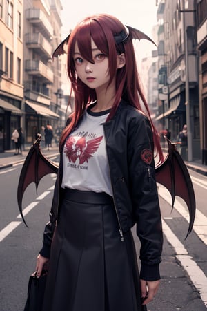 masterpiece, best quality, highres, 1girl, solo, koakuma, mature, mature girl, milf, medium breasts, long hair, crimson hair, weak crimson eyes, big eyes, crimson eyes, wings behind, wings on head, t-shirt, jacket, short wide skirt, street, 