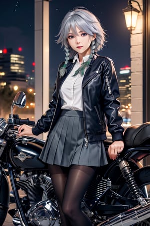 masterpiece, best quality, highres, 1girl, solo, izayoi Sakuya, cute, blue eyes, braid, grey hair, short hair, twin braids, medium breasts, shirt, black jacket, high boots, skirt, pantyhose, night, motorcycle