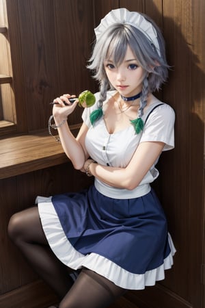 masterpiece, best quality, highres, 1girl, solo, izayoi Sakuya, cute, blue eyes, braid, grey hair, short hair, twin braids, medium breasts, jawerly, choker necklace, bracelet, maid dress, high shoes, skirt, pantyhose, maid uniform, seductive pose,