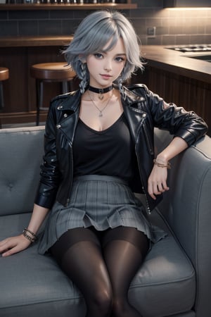 masterpiece, best quality, highres, 1girl, solo, izayoi Sakuya, cute, blue eyes, braid, grey hair, short hair, twin braids, medium breasts, jawerly, choker necklace, bracelet, shirt, black jacket, high boots, skirt, pantyhose, sit, sofa, seductive pose, bar