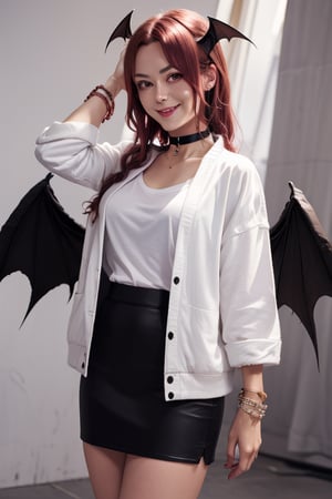 masterpiece, best quality, highres, 1girl, solo, koakuma, weak red eyes, mature, mature girl, milf, medium breasts, long hair, crimson hair, big eyes, wings behind, wings on head, cute, weak smile, jewelry, choker necklace, bracelet,  white t-shirt, black jacket, short wide skirt,  