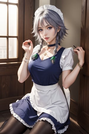 masterpiece, best quality, highres, 1girl, solo, izayoi Sakuya, cute, blue eyes, braid, grey hair, short hair, twin braids, medium breasts, jawerly, choker necklace, bracelet, maid dress, high shoes, skirt, pantyhose, maid uniform, seductive pose,