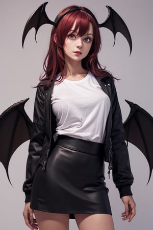 masterpiece, best quality, highres, 1girl, solo, koakuma, weak red eyes, mature, mature girl, milf, medium breasts, long hair, crimson hair, big eyes, wings behind, wings on head, white t-shirt, black jacket, short wide skirt,  